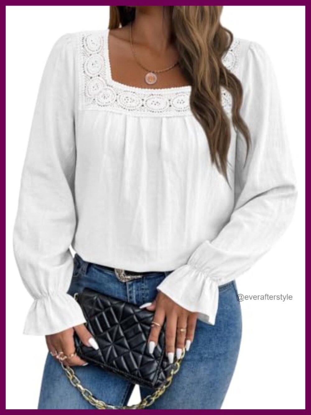 Womens Boho Eyelet Lace Square Neck Long Sleeve Blouse Puff Sleeve Top